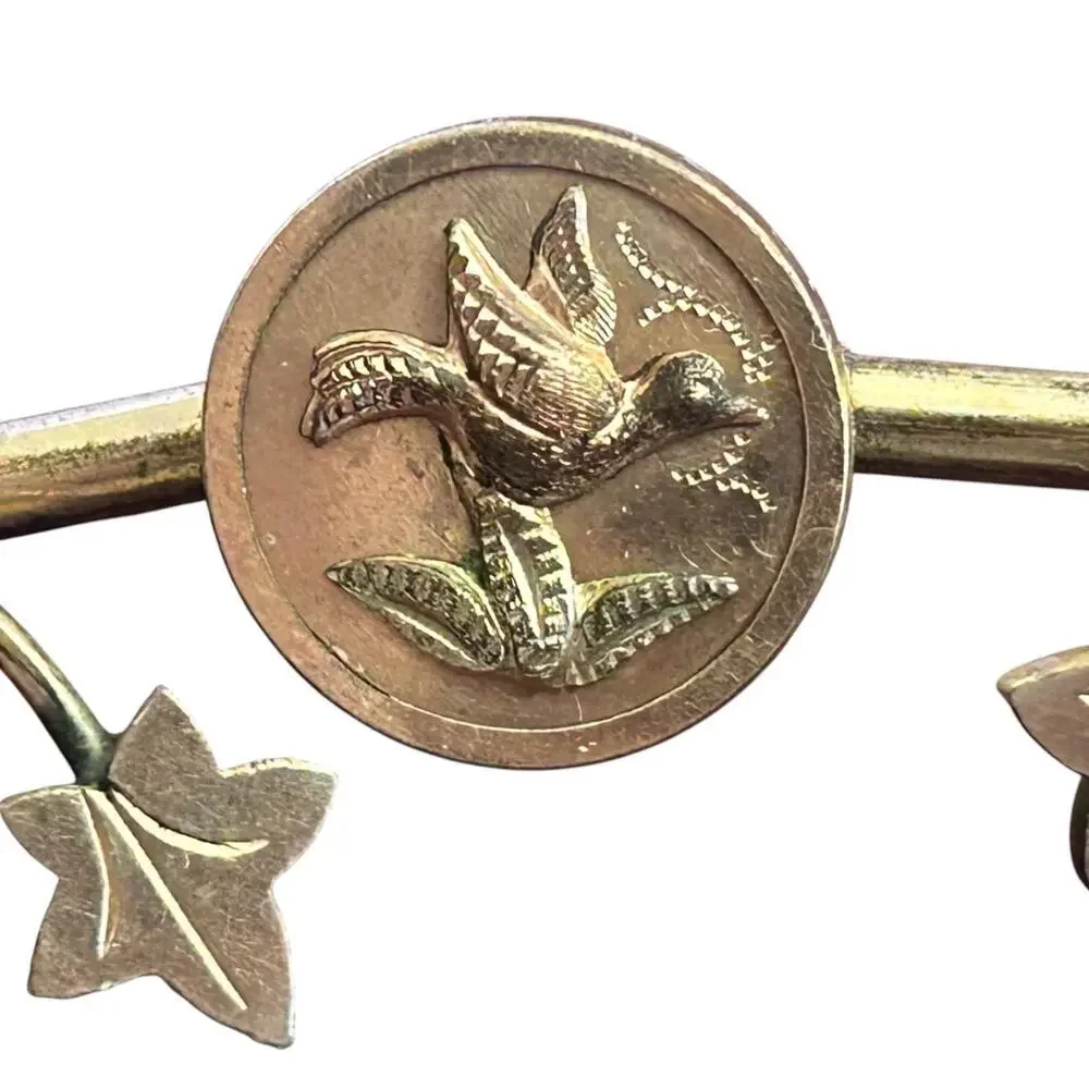 Victorian Bird & Ivy Bar Pin Antique Aesthetic Movement 2.5” Gold Filled Brooch